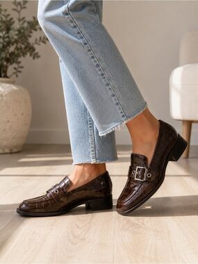 Michelle D Shoes Loafers Silver Buckle‎ Brown Sz 8M